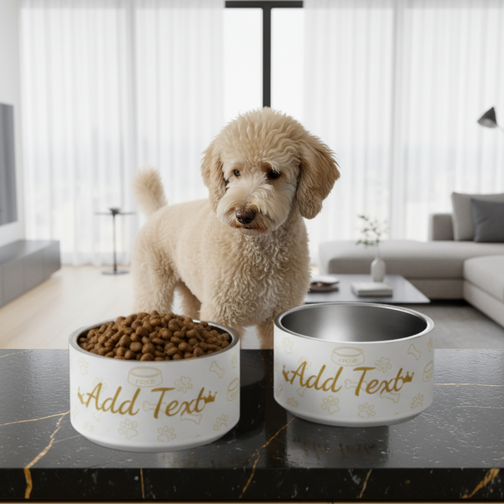 Personalized Dog Bowl Stainless Steel, Modern Ivory Whisper Crown Pattern Set 18 oz.