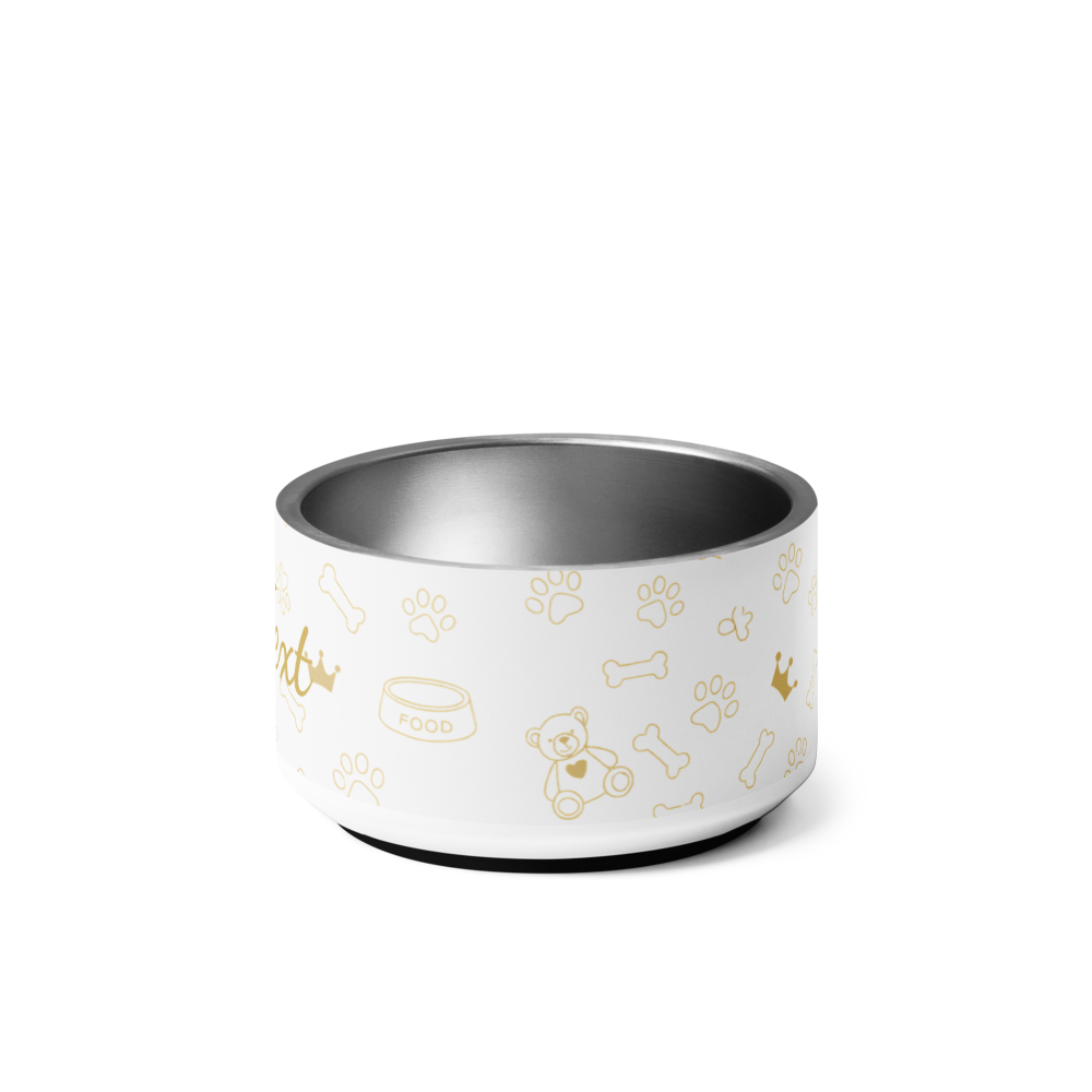 Ivory pet bowl with gold illustrations on a white background