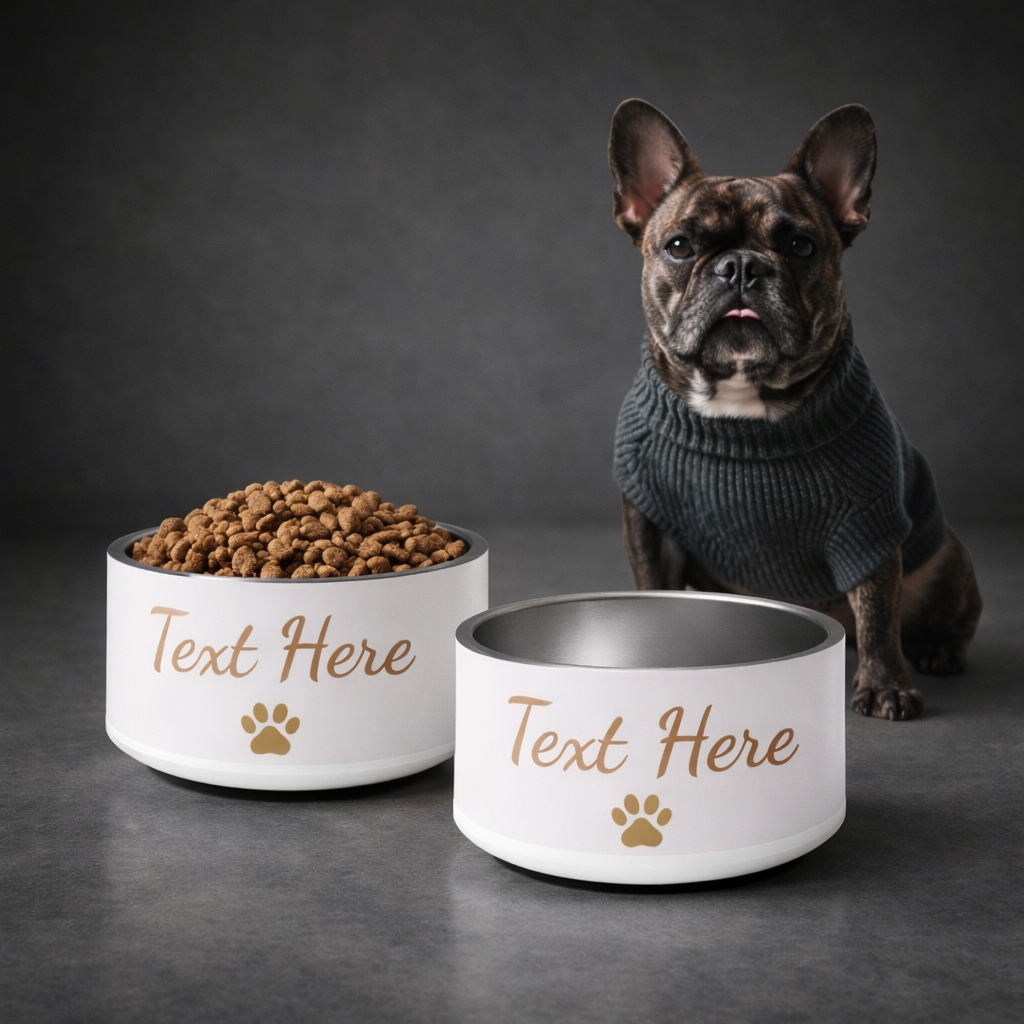 Dog wearing a sweater with two personalized dog bowls in front on a dark background