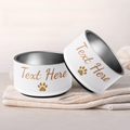 Two pet bowls with 'Text Here' and paw print design on a light background