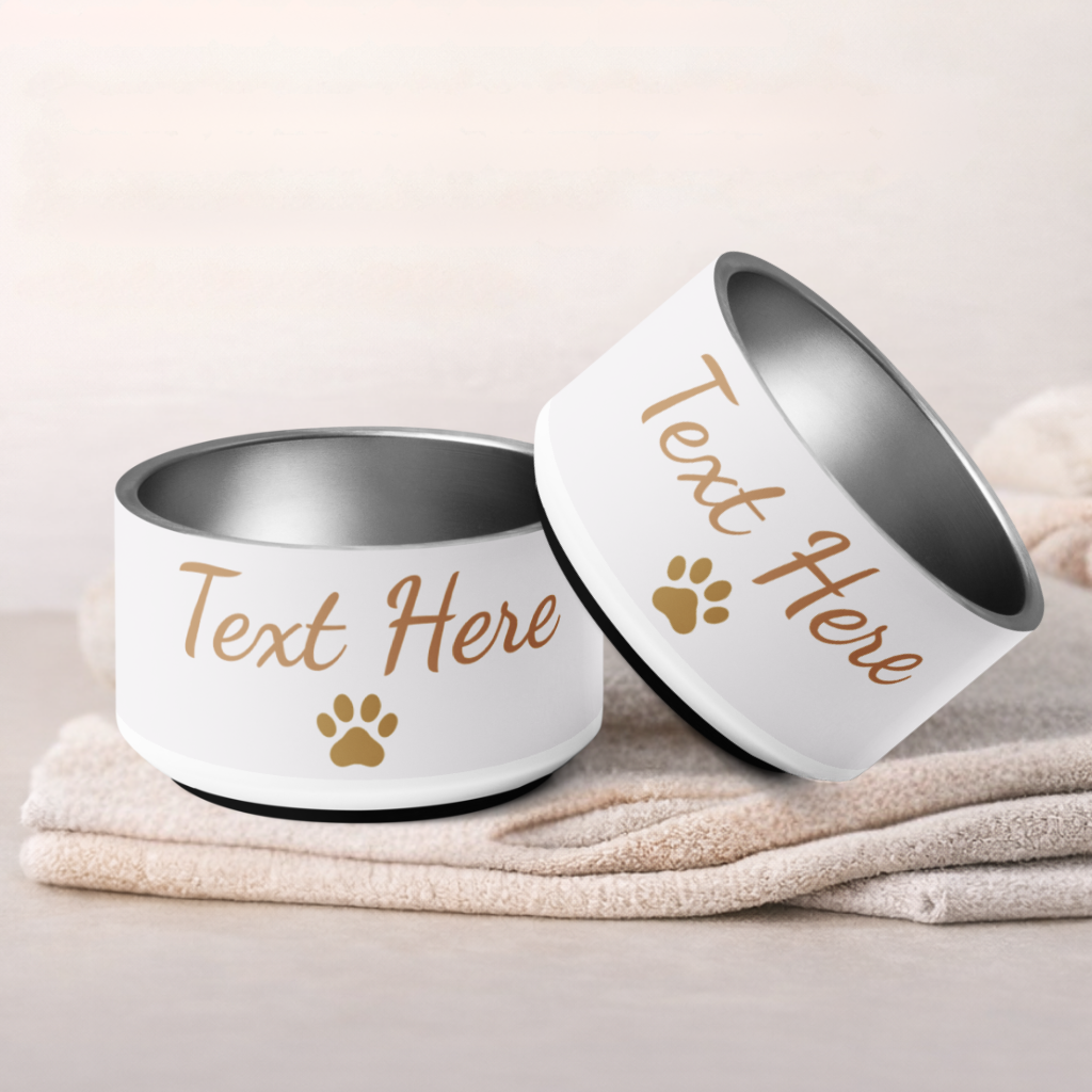 Two pet bowls with 'Text Here' and paw print design on a light background