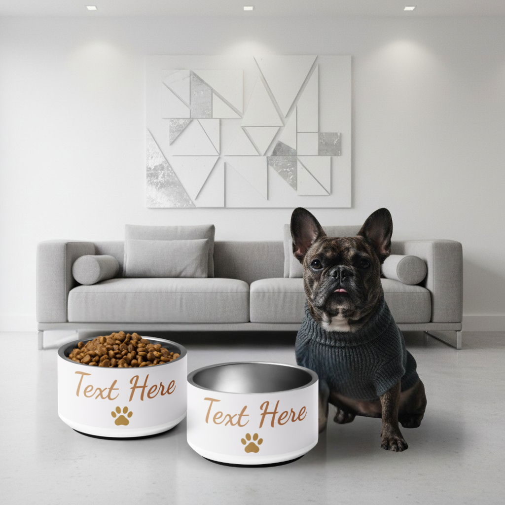Dog wearing a sweater sitting next to two pet bowls with customizable text in a modern living room.