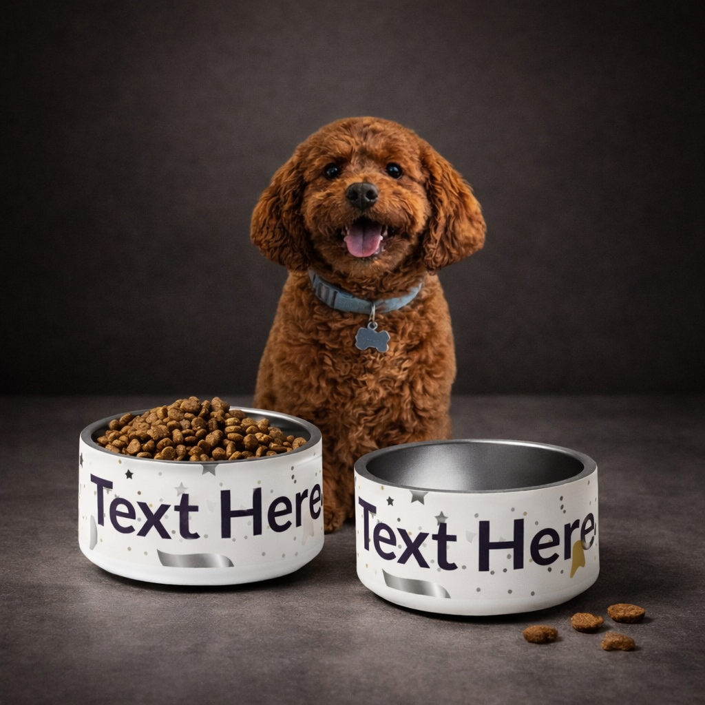 Brown dog sitting between two personalized dog bowls with a dark background