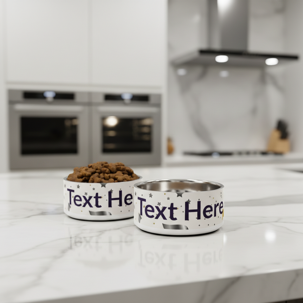 Two pet bowls with customizable text on a kitchen counter.