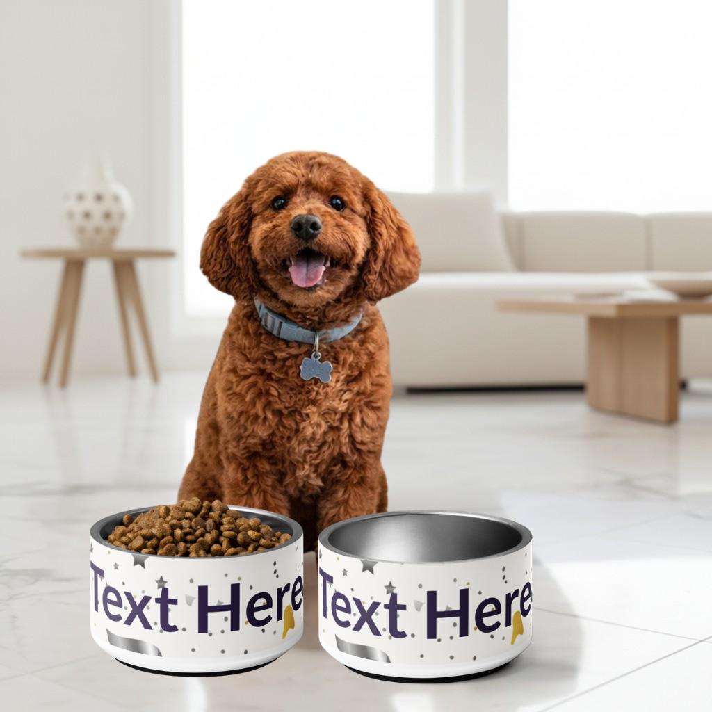 Brown dog sitting next to two pet bowls with customizable text in a living room.