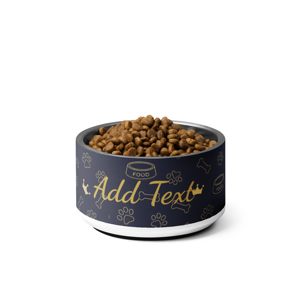 Dog food bowl with pet food inside on a white background