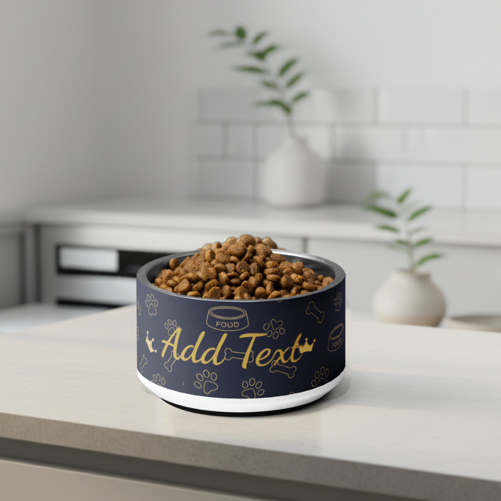 Pet food bowl with customizable label on a kitchen counter