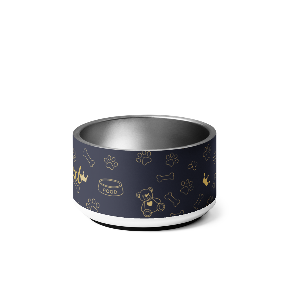 Dog bowl with paw print pattern on a white background