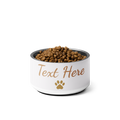 Ivory Whisper pet bowl with 'Text Here' and paw print, filled with pet food on a white background