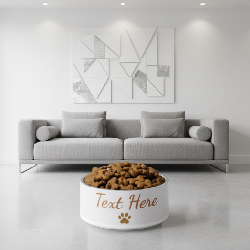 Bowl of dog food with customizable text in a modern living room setting