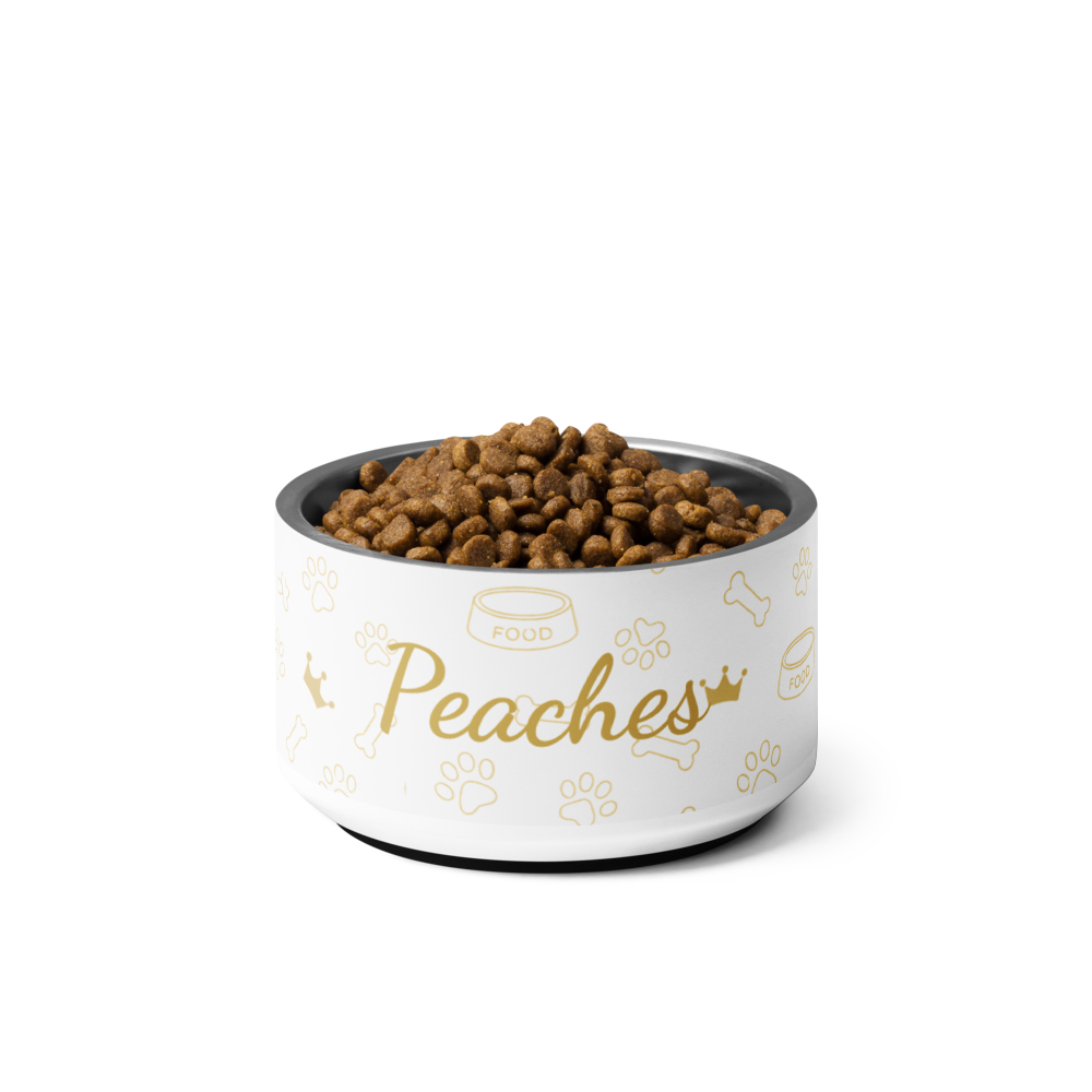 Ivory Whisper pet bowl with 'Peaches' branding filled with pet food on a white background