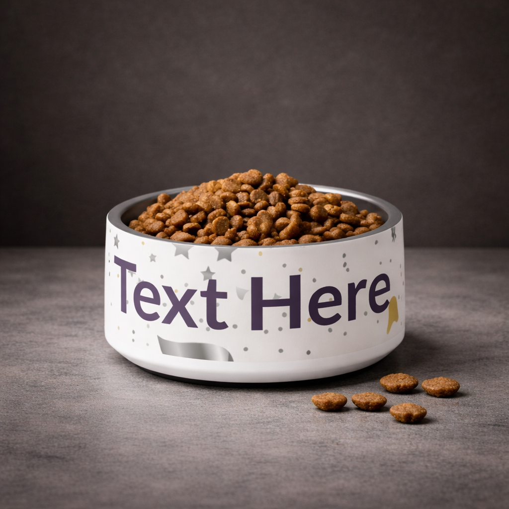 White bowl with pet food and customizable text on a gray background