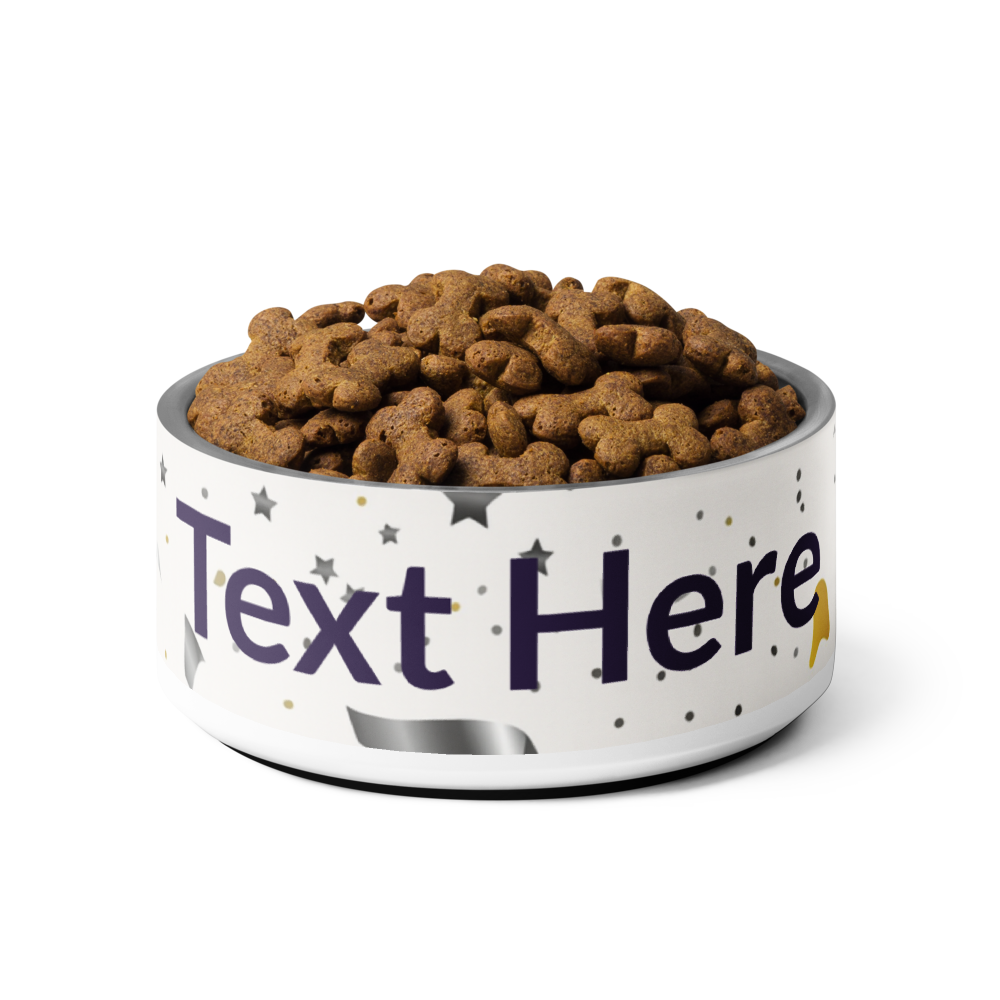 Dog food bowl with customizable text on a white background