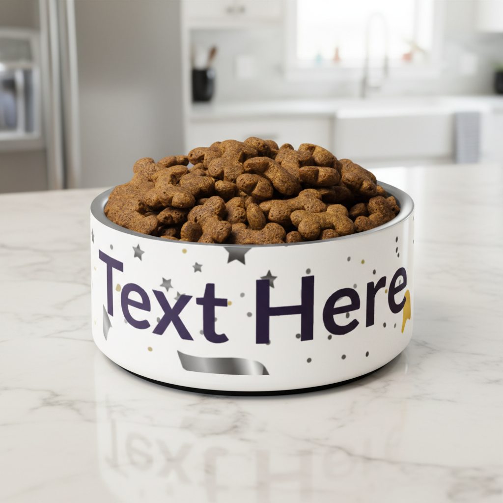 Dog food bowl with customizable text on a marble countertop