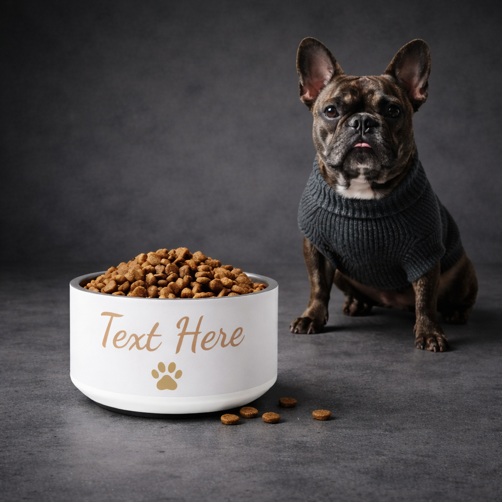 Dog wearing a sweater next to a bowl of dog food with customizable text on a dark background