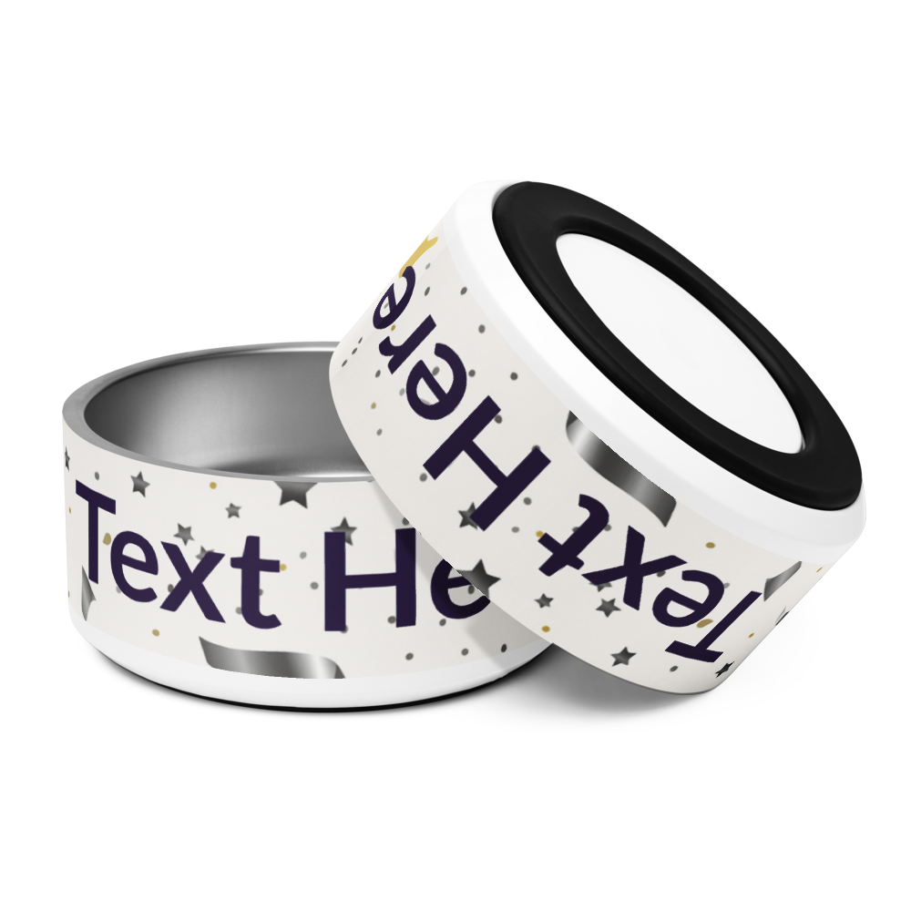 Personalized dog bowl with customizable text on a white background