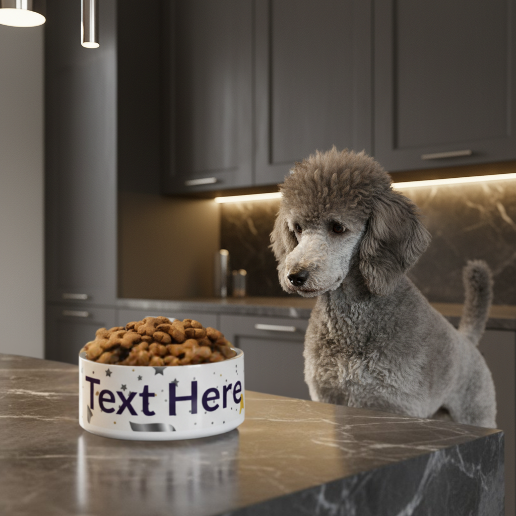 Dog sitting on a kitchen counter next to a bowl of treats with 'Text Here' text.