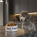Dog sitting on a kitchen counter next to a bowl of treats with 'Text Here' text.