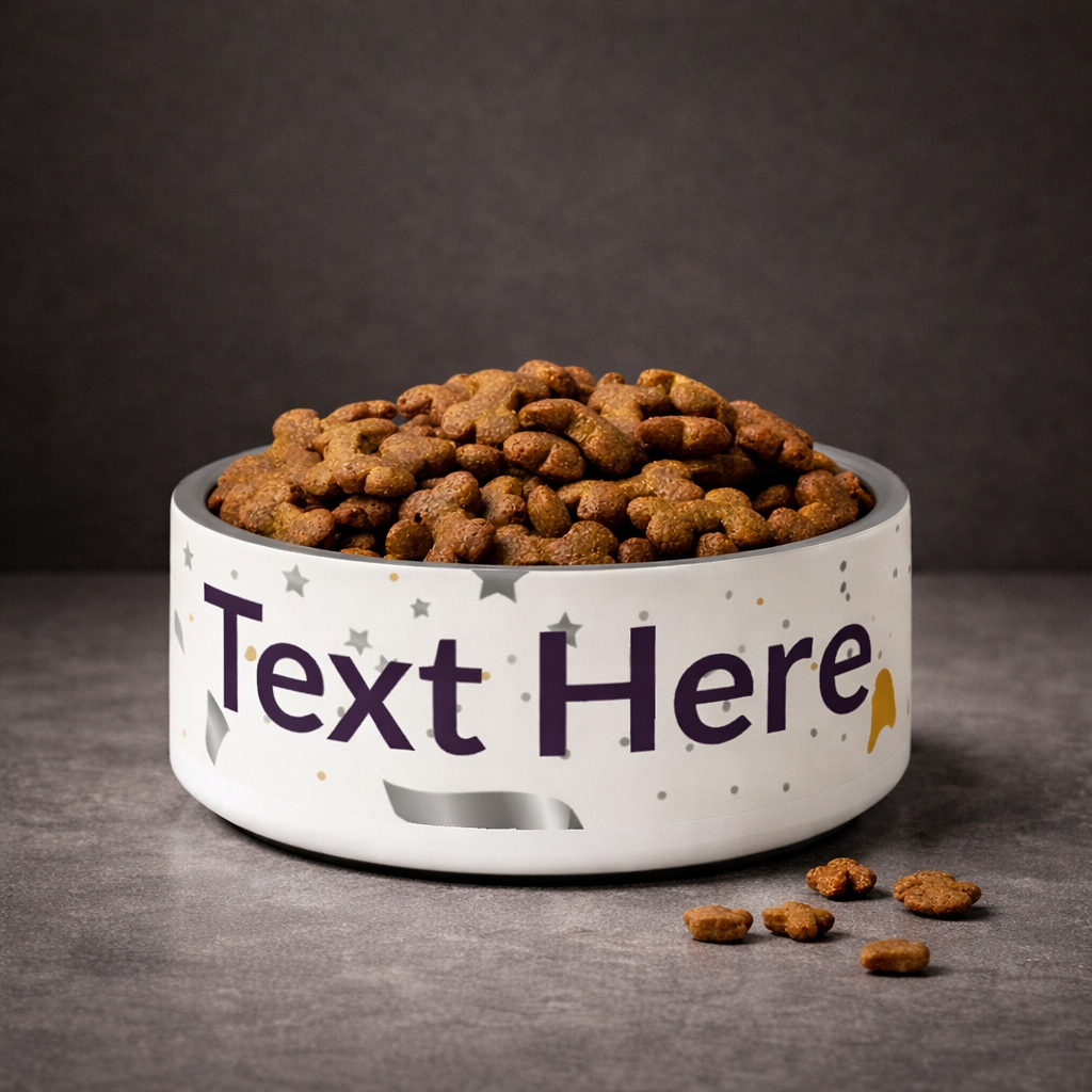 White pet bowl with dog food and customizable text on a dark background