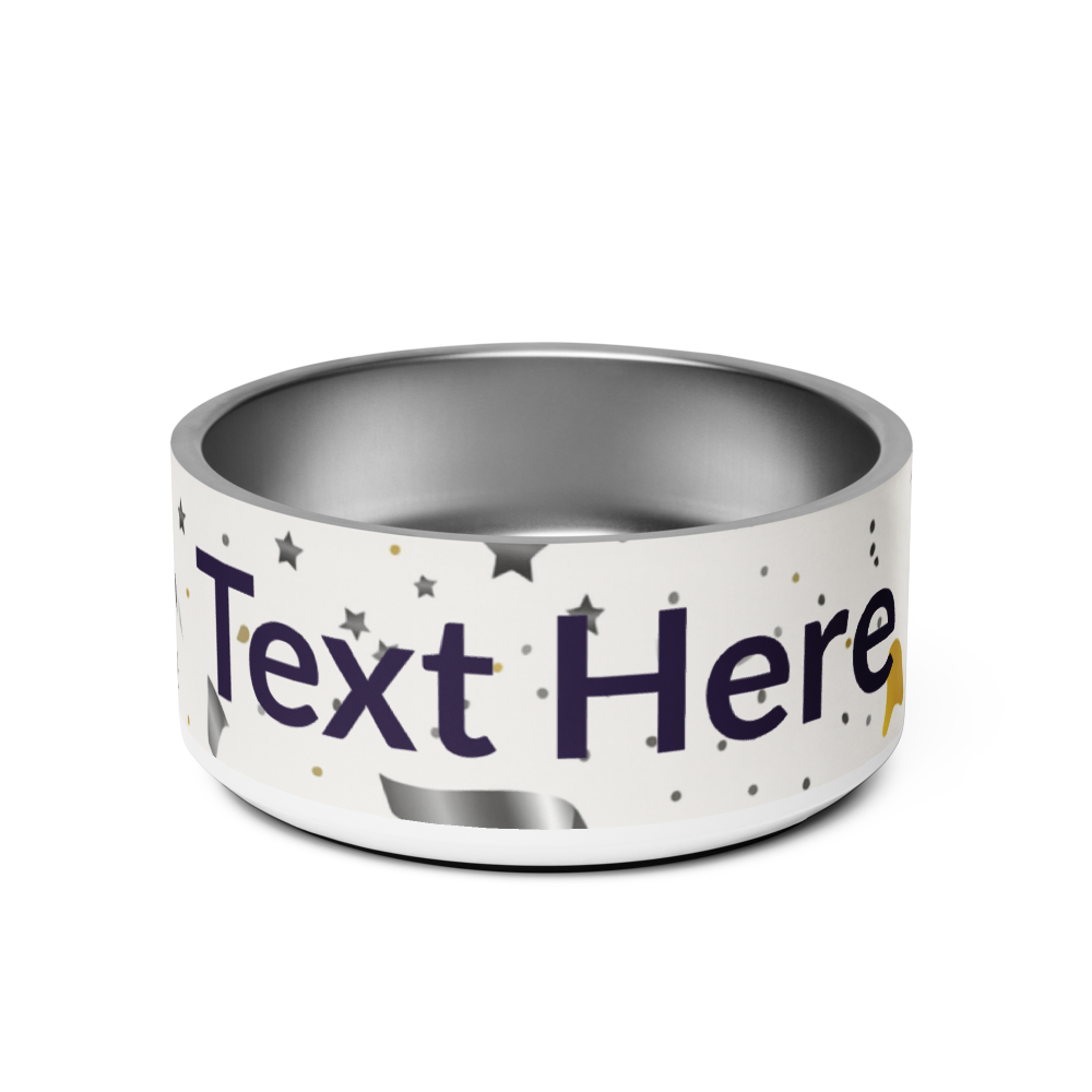 Personalized pet bowl with customizable text on a white background