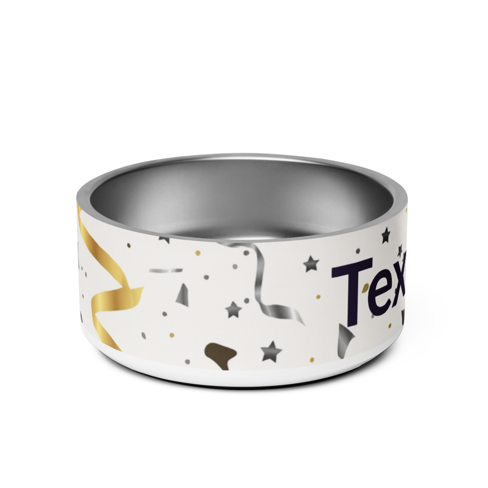 Dog bowl with star pattern and 'Text' branding on a white background