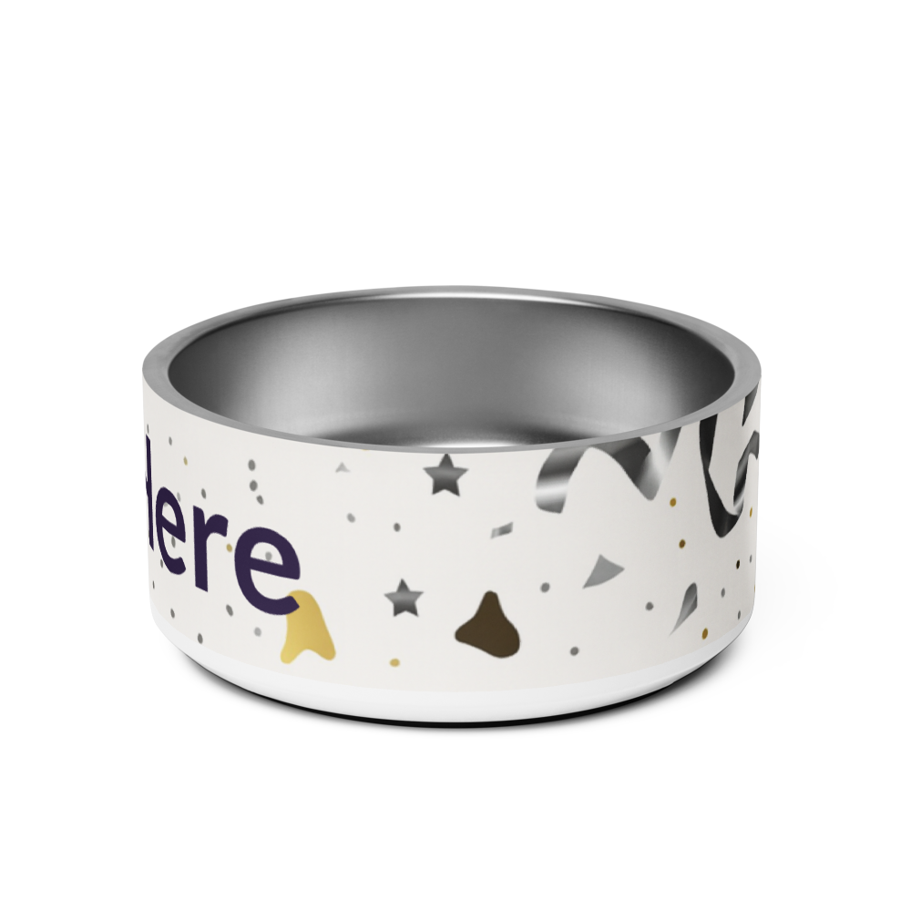 White pet bowl with star and paw print patterns on a white background