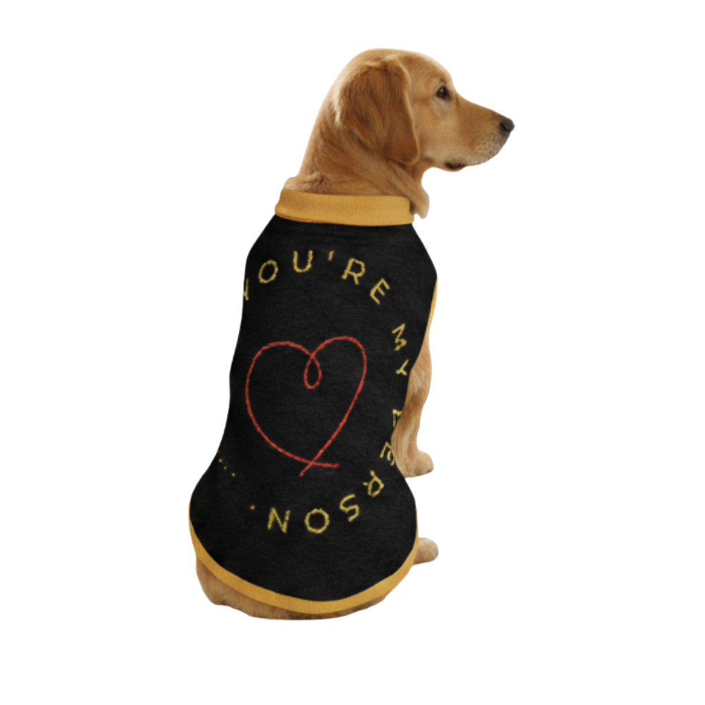 Dog wearing a black shirt with 'You're My Person' text and red heart on a white background
