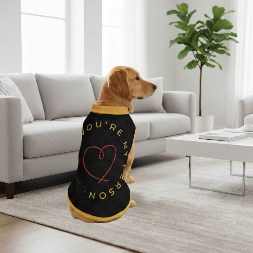Dog wearing a black shirt with a red heart and text in a living room.