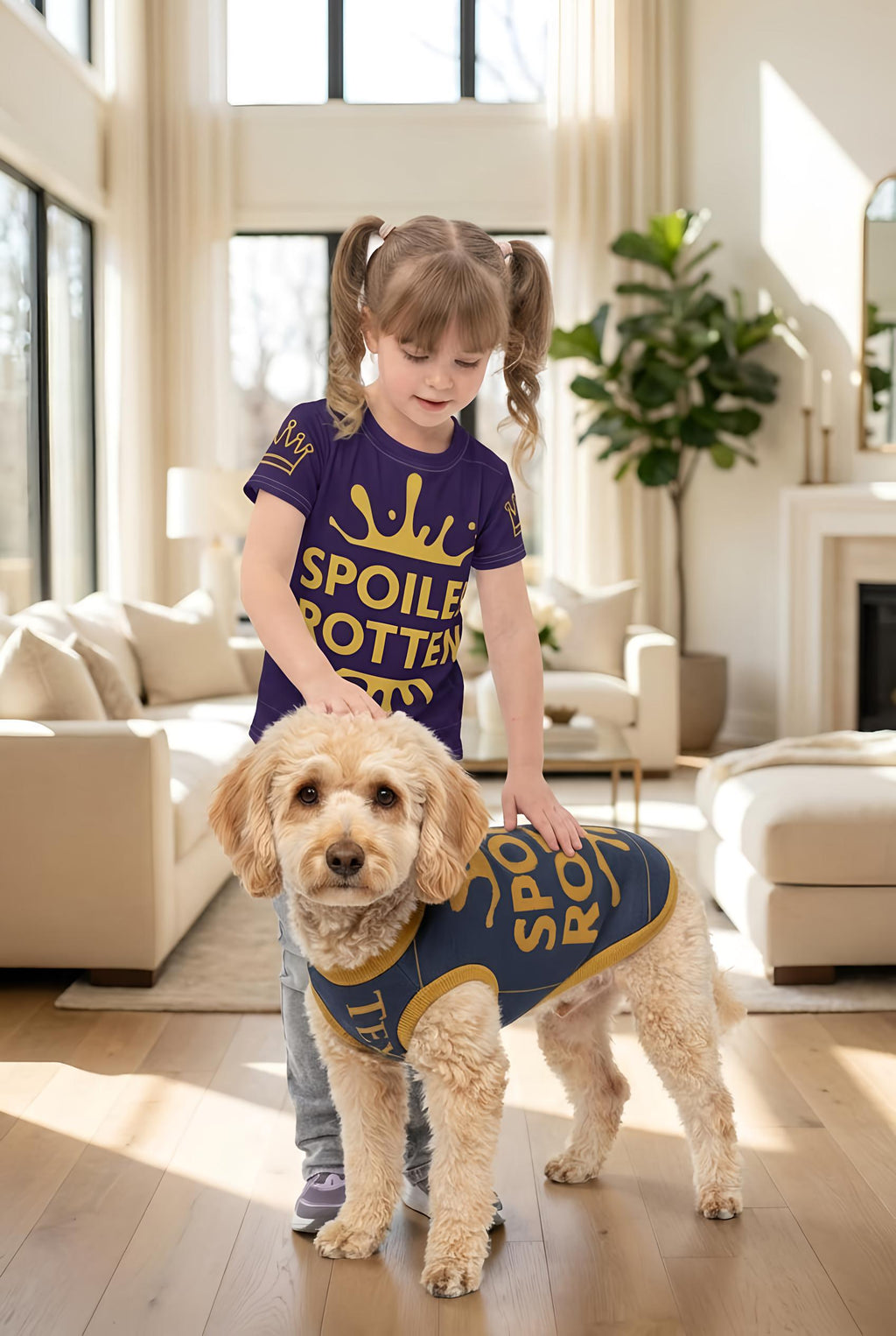 Child wearing a 'SPOILED ROTTEN’shirt standing next to a dog in a matching outfit in a living room.