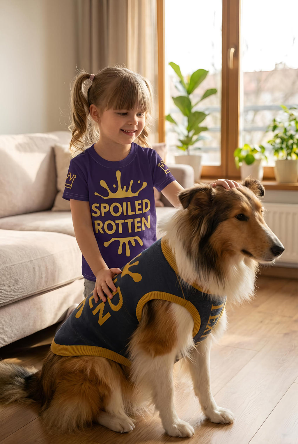 Child wearing a purple shirt with a dog, both standing indoors.