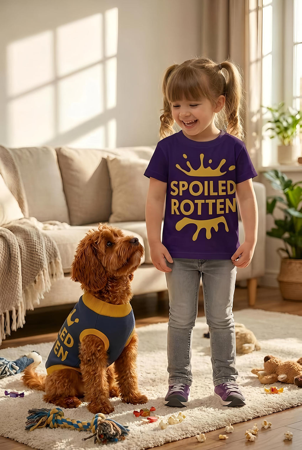 Child wearing a purple shirt with 'Spoiled Rotten' text, standing next to a dog in a living room.