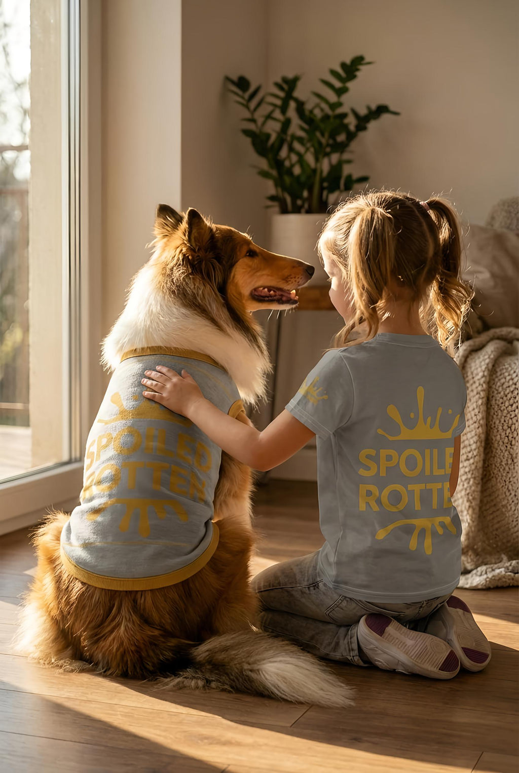 Dog and child wearing matching 'Spoil Rotties' shirts in a cozy room.