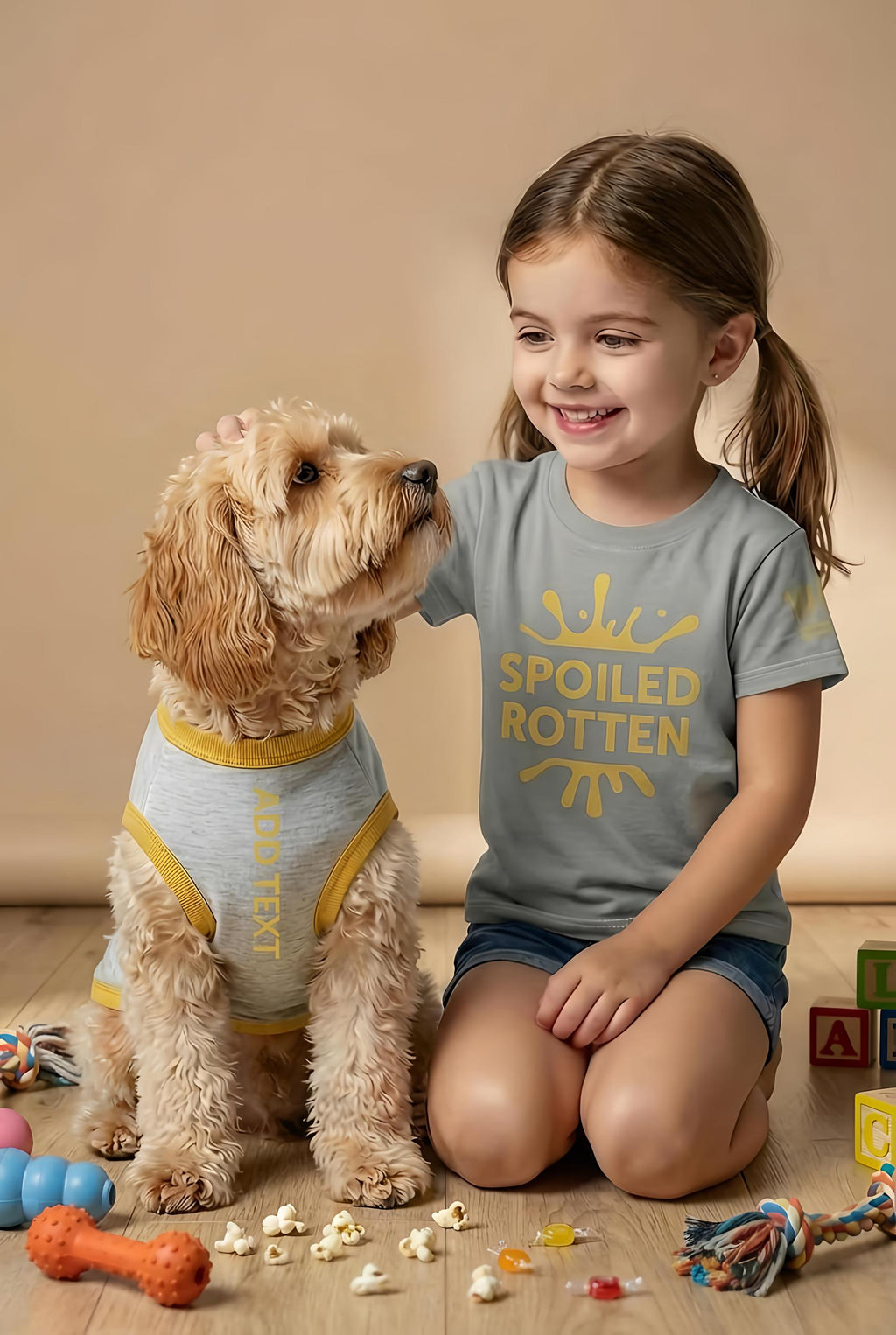 Child wearing a 'Spoiled Rotten' shirt with a dog on a wooden floor.