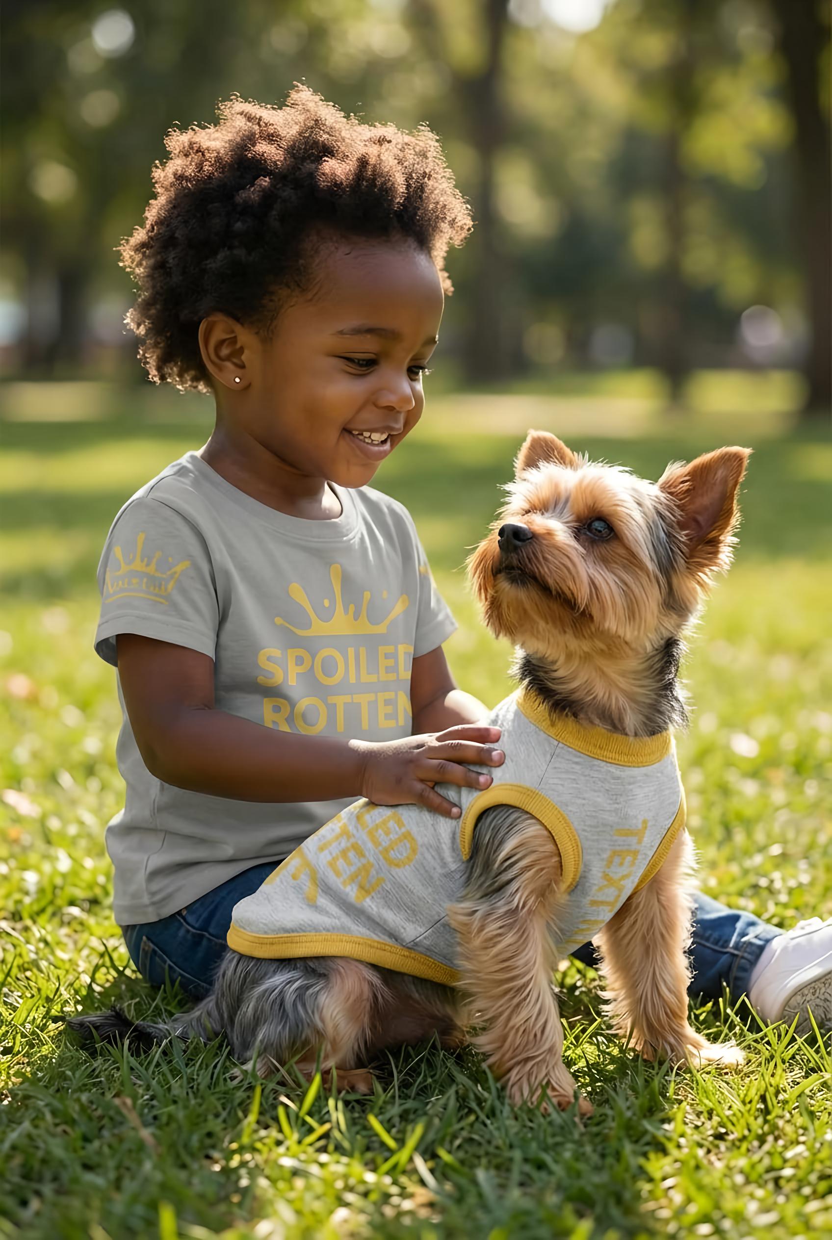 Child and dog wearing matching outfits in a park