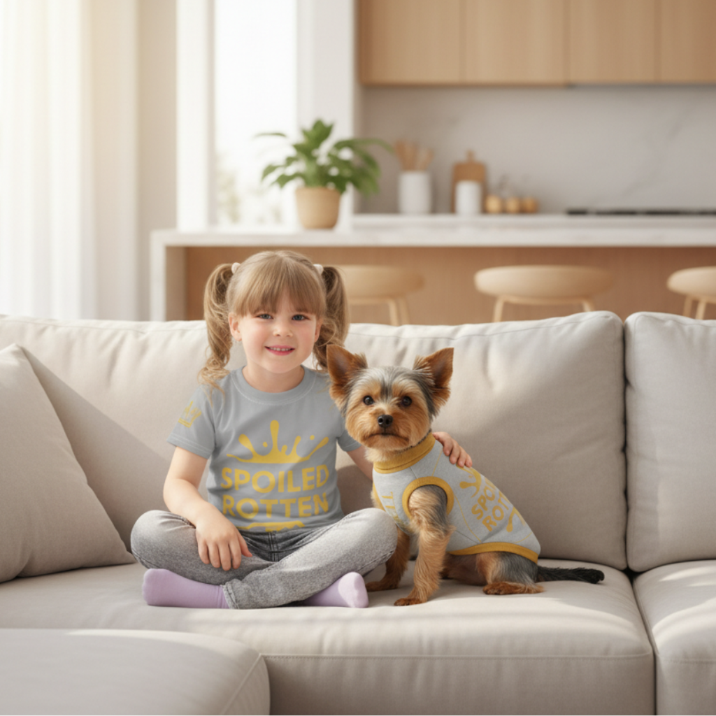 Child and dog wearing matching outfits sitting on a couch in a bright living room.