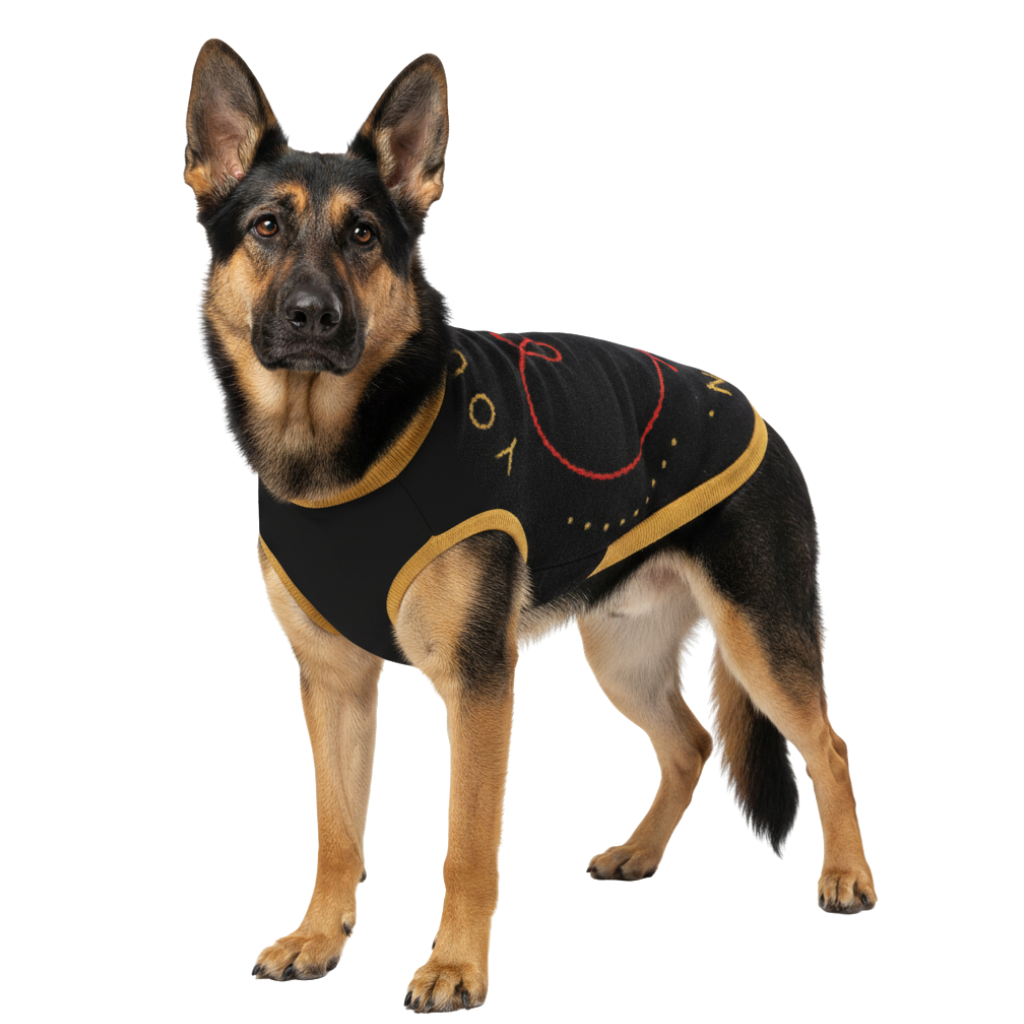 Dog wearing a black and gold outfit on a white background