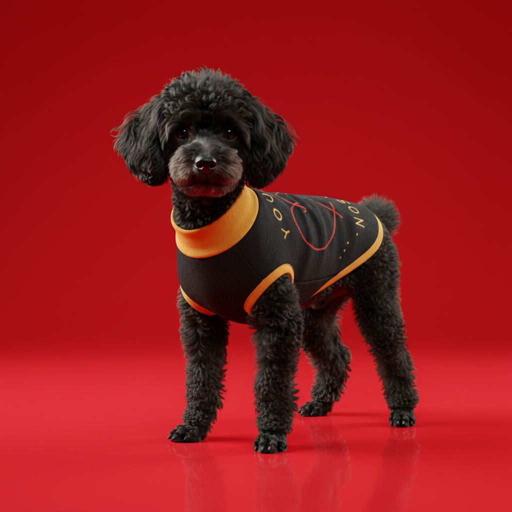 Black dog wearing a black and gold outfit on a red background