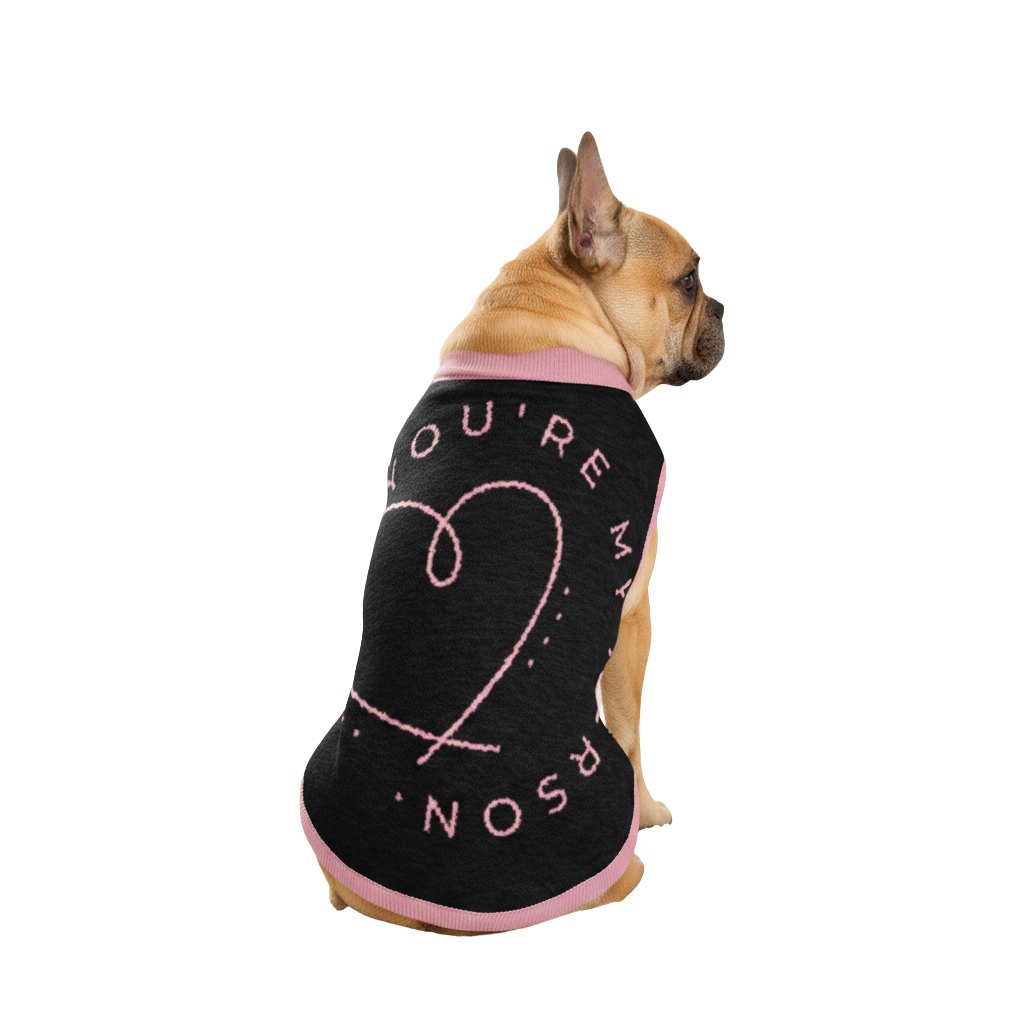 Dog wearing a black sweater with pink text on a white background