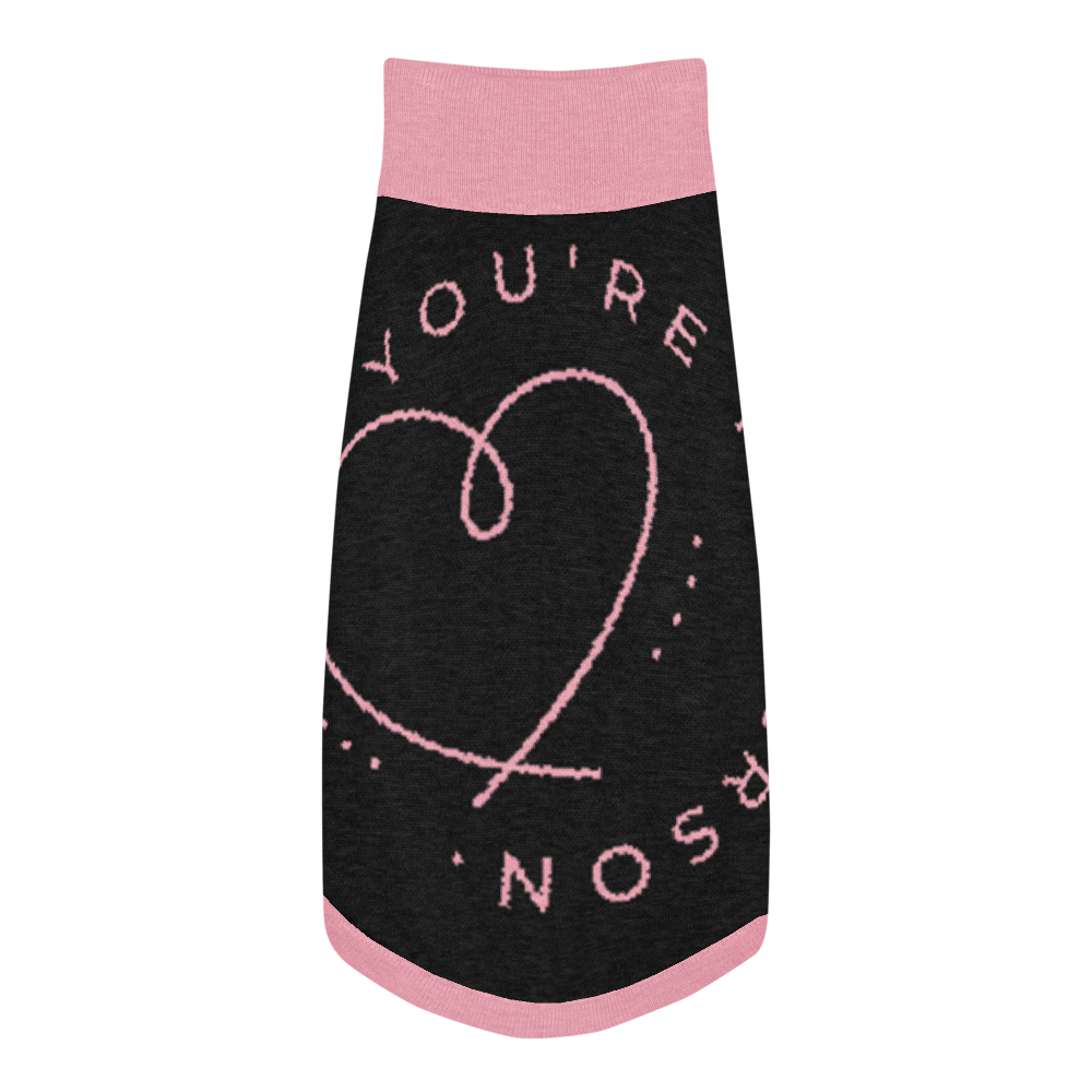 Black dog sweater with pink heart and text on a white background