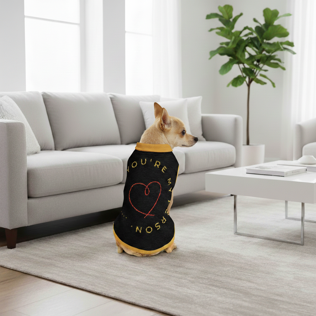 Dog wearing a black sweater with text in a living room