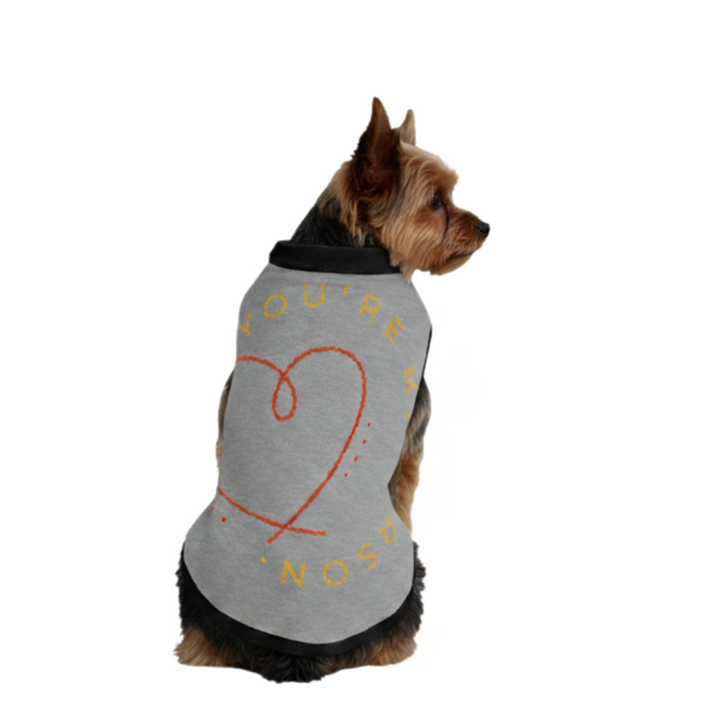 Dog wearing a gray sleeveless shirt with text and a heart design on a white background