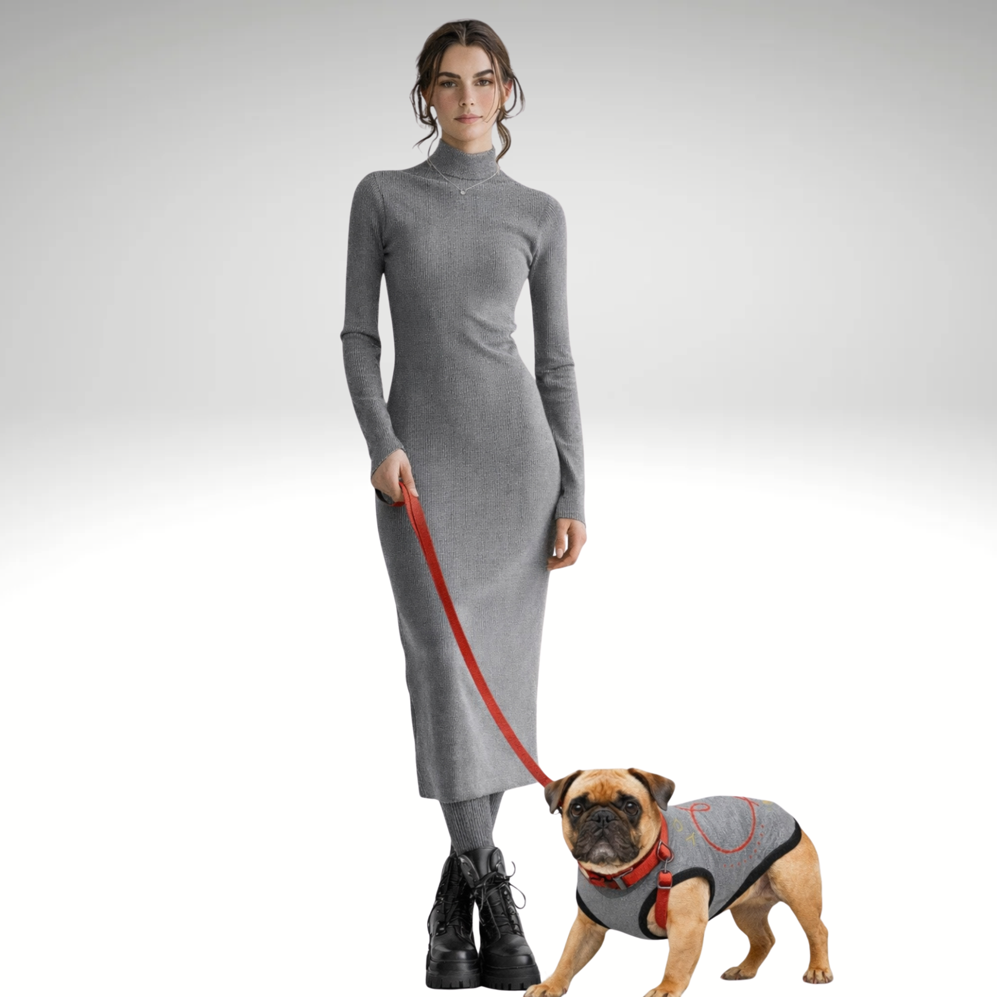 Woman in a gray dress holding a red leash with a dog wearing a matching gray coat on a white background