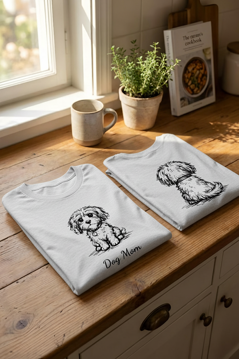 Two gray t-shirts with dog illustrations and 'Dog Mom' text on a wooden surface.