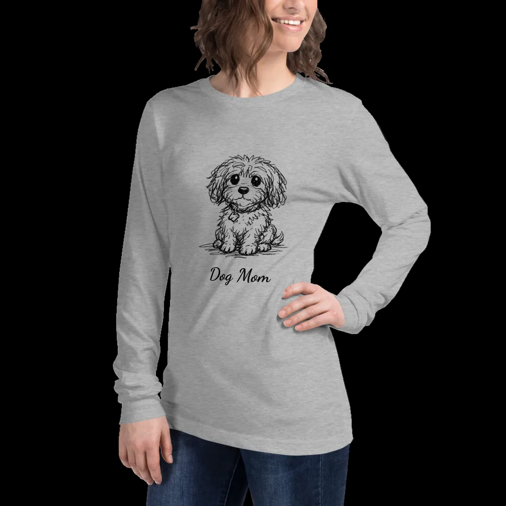 Woman wearing a gray long-sleeve shirt with a dog illustration and 'Dog Mom' text on a white background