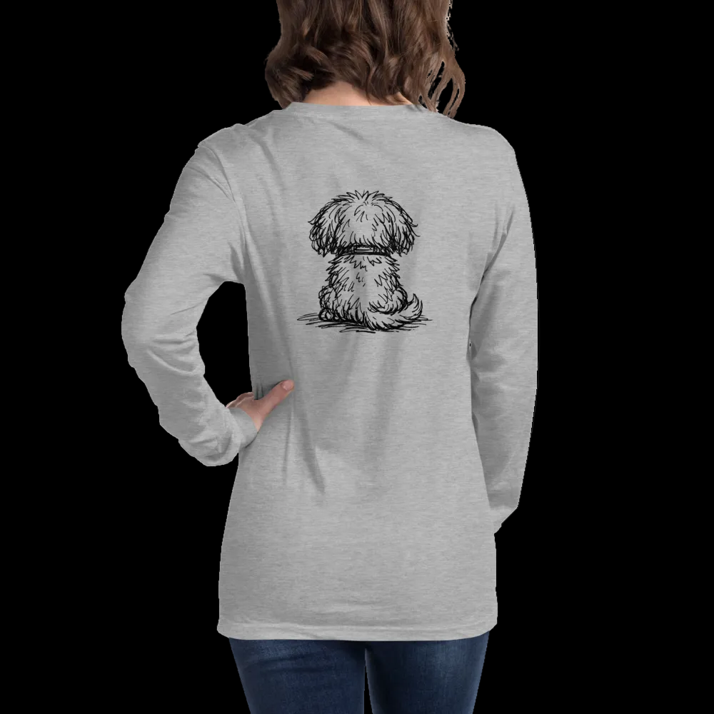 Person wearing a gray long-sleeve shirt with a dog illustration on the back, on a white background