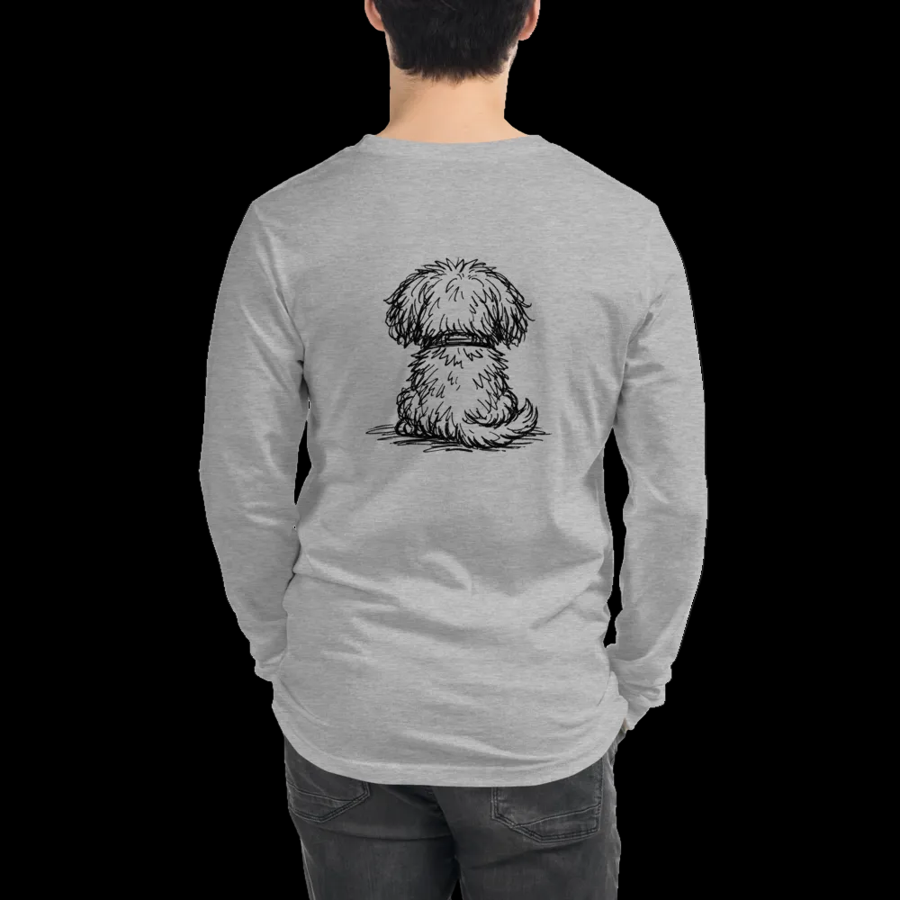 Gray long-sleeve shirt with a dog illustration on the back, worn by a person.