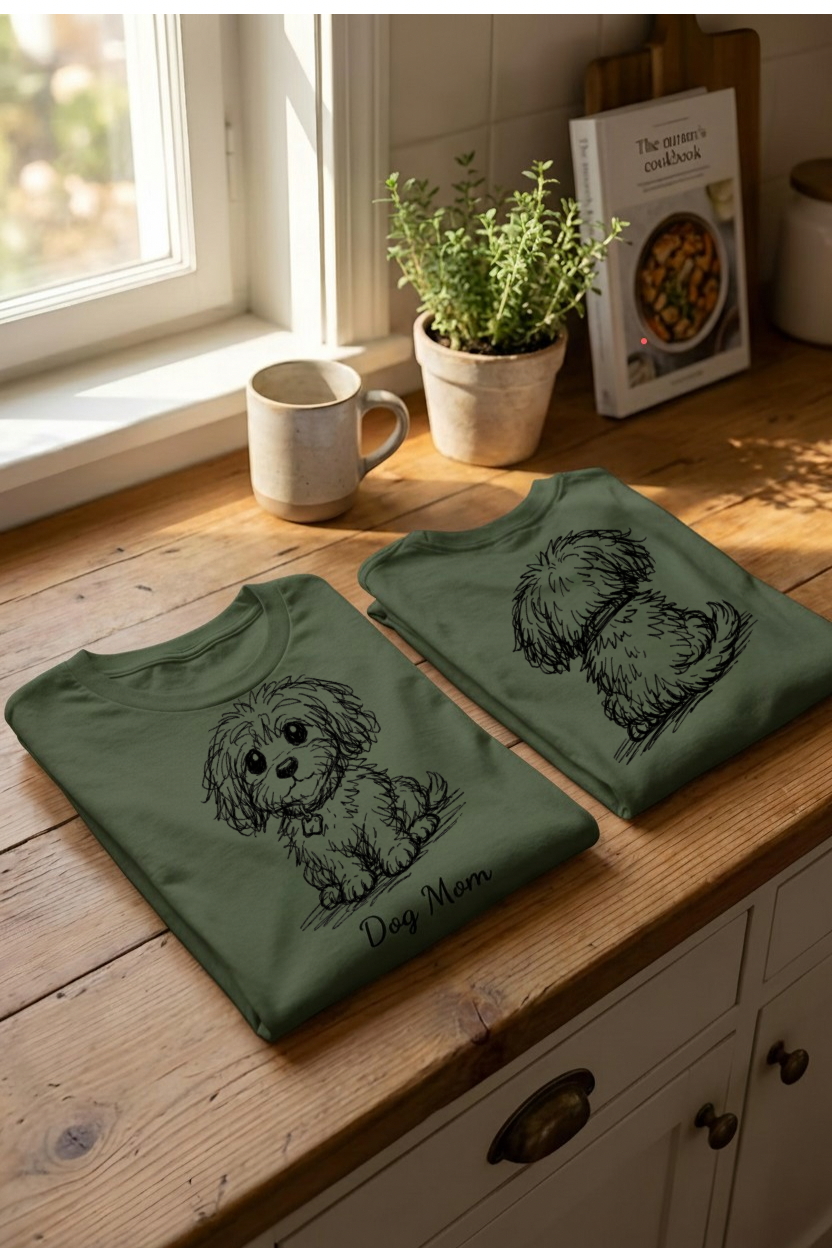 Two green t-shirts with dog illustrations on a wooden surface near a window.