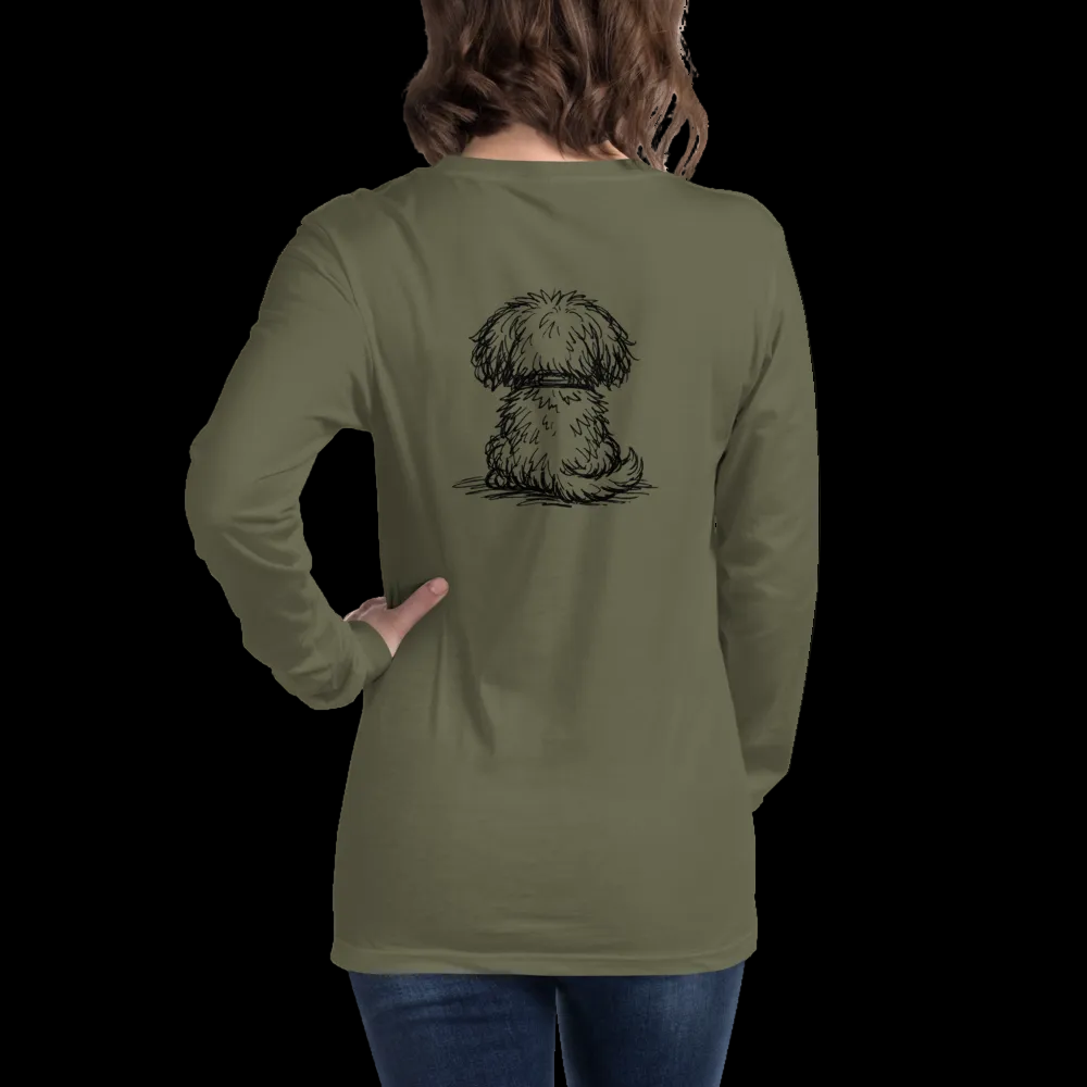 Person wearing an olive green long-sleeve shirt with a dog illustration on the back, on a white background.