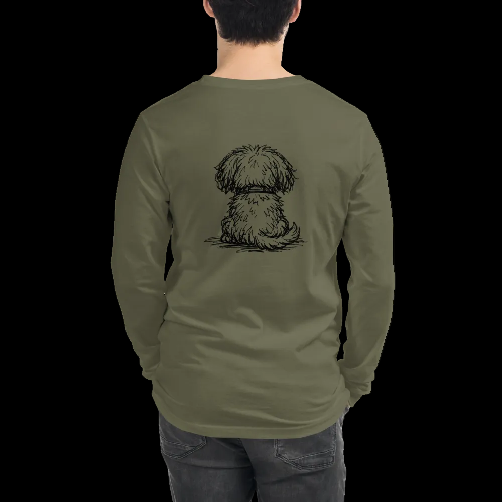 Person wearing a green long-sleeve shirt with a dog illustration on the back.