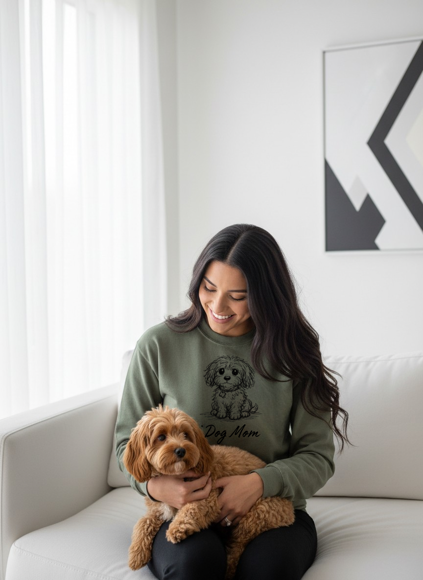 Woman sitting on a couch with a dog, wearing a sweatshirt with a dog design.